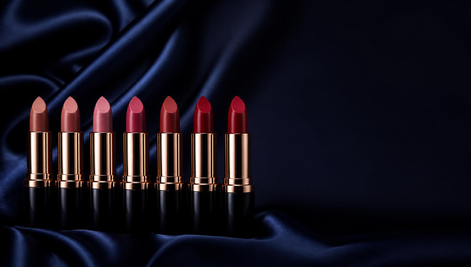 Row of lipsticks in nude to deep red shades on navy silk